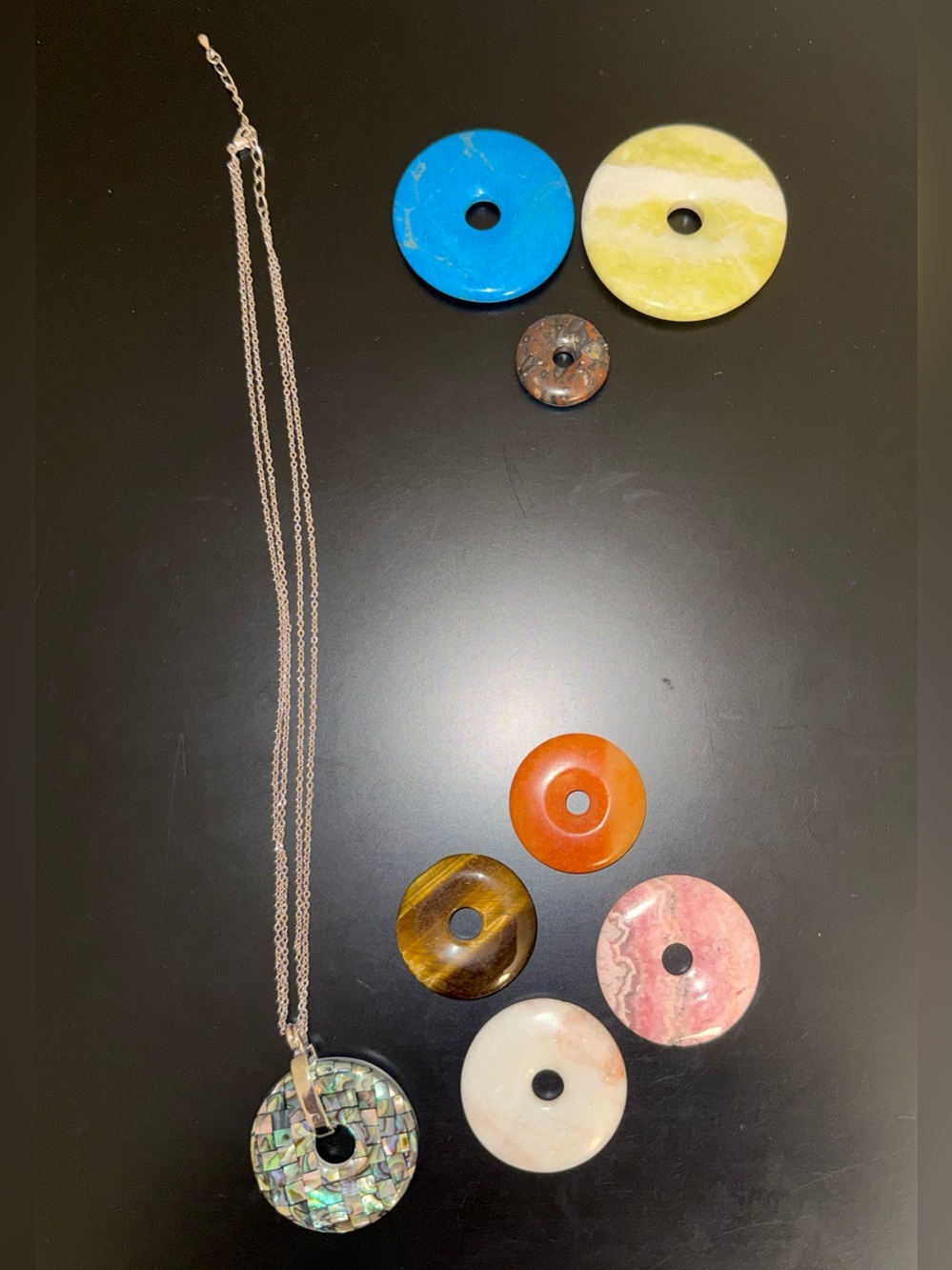 Abalone ? and Multiple Stone Crystal Pendant Necklace Additional Donuts